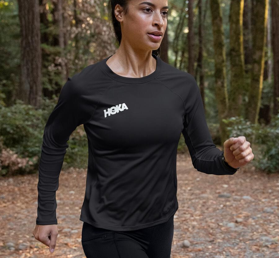 Top Hoka One One Mujer - Performance Largos Sleeve - Negras - UIG689130